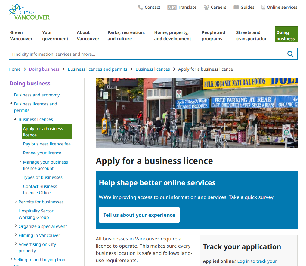 City of Vancouver website to apply for business license